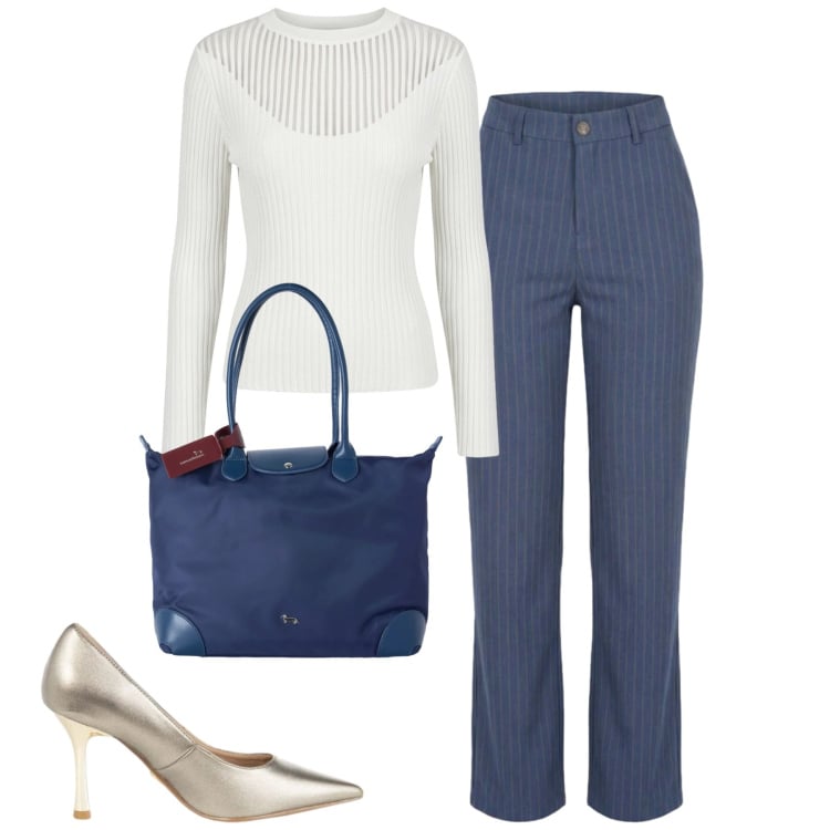 Outfit donna - Tocco chic. Stile Bon Ton per Ufficio. Abbinamento con jeans dritti, shopping bag, décolleté, maglieria.