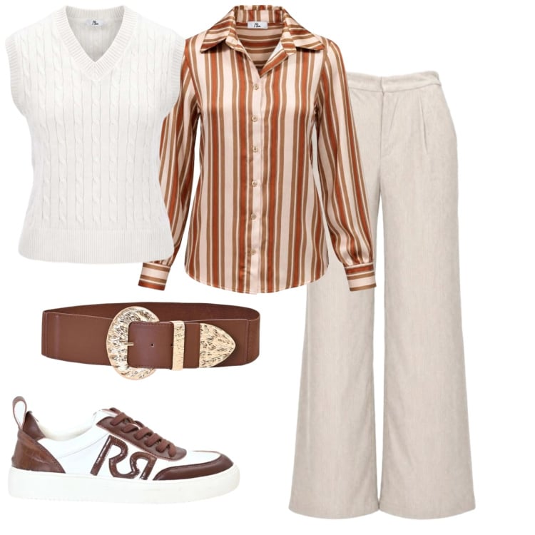 Outfit donna - Righe. Stile Basic per Tutti i giorni. Abbinamento con camicie, pantaloni a palazzo, maglieria, cinture, sneakers.