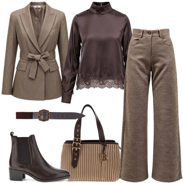 Outfit donna - Il tuo autunno con I AM. Stile Mannish per Ufficio. Abbinamento con pantaloni, bluse, cinture, blazer, stivaletti chelsea, borse a mano.