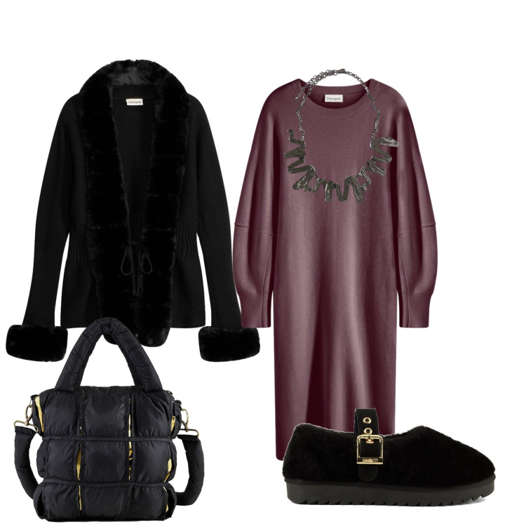 Outfit donna - Profondità del prugna e rigore del nero. Stile Chic per Serata fuori. Abbinamento con ciondoli, borse a mano, ballerine, vestiti midi/longuette, cardigans.