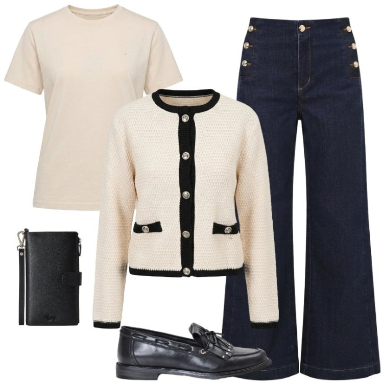 Outfit donna - Jeans e cardigan. Stile Casual per Ufficio. Abbinamento con t-shirt, portafogli, cardigans, jeans, mocassini.