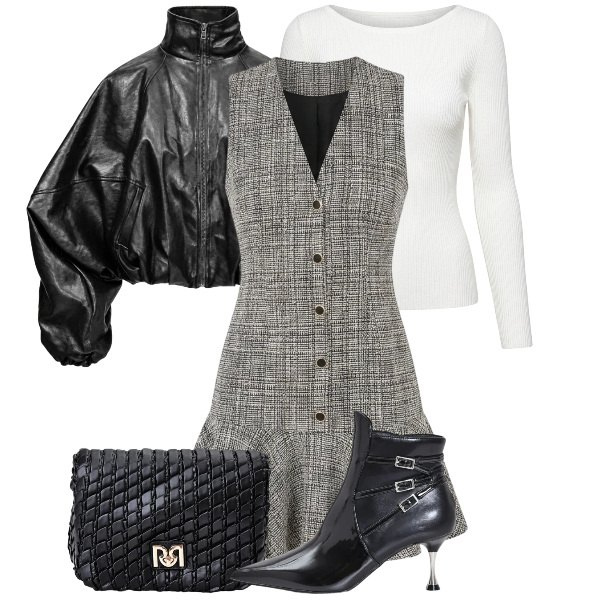 Outfit donna - Aperitivo con stile. Stile Casual chic per Tutti i giorni. Abbinamento con bomber, vestiti corti, borse a tracolla, stivaletti, t-shirt.