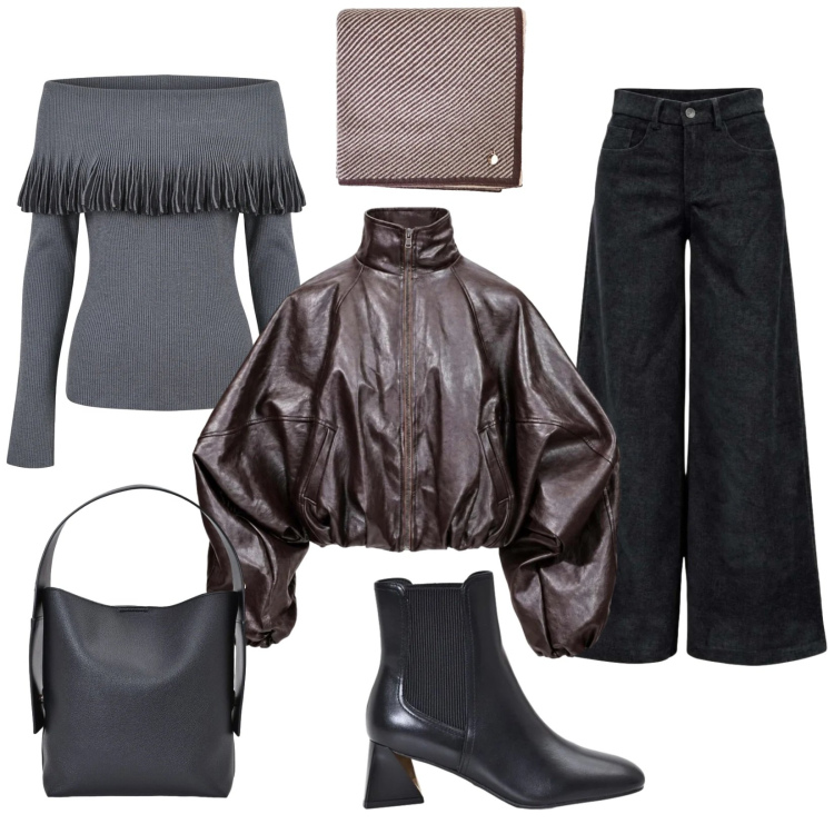 Outfit donna - Gioco di volumi. Stile Casual chic per Tutti i giorni. Abbinamento con bomber, pantaloni a palazzo, borse a spalla, stivaletti, sciarpe, maglieria.