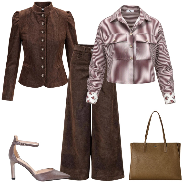 Outfit donna - Total look #2500177. Stile Casual chic per Tutti i giorni. Abbinamento con pantaloni a palazzo, blazer, camicie, shopping bag, décolleté.