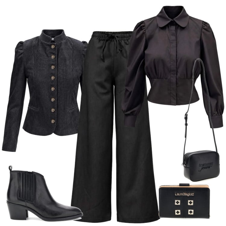 Outfit donna - Racconta il tuo autunno. Stile Casual chic per Tutti i giorni. Abbinamento con blazer, camicie, pantaloni, portafogli, borse a tracolla, stivaletti texani.