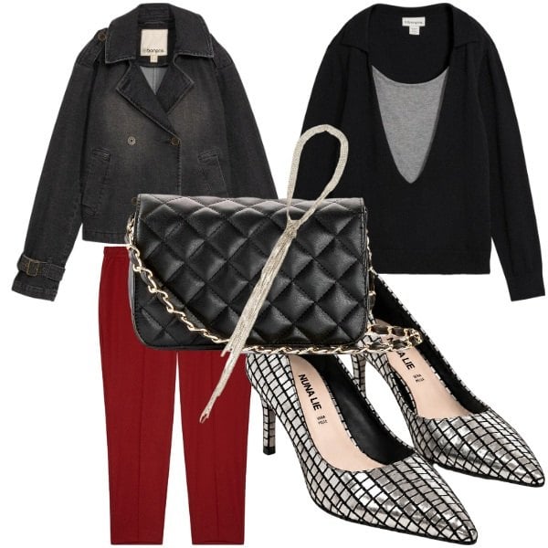 Outfit donna - Pop of red. per Tutti i giorni. Abbinamento con pantaloni, décolleté, collane, borse a tracolla, trench, maglieria.