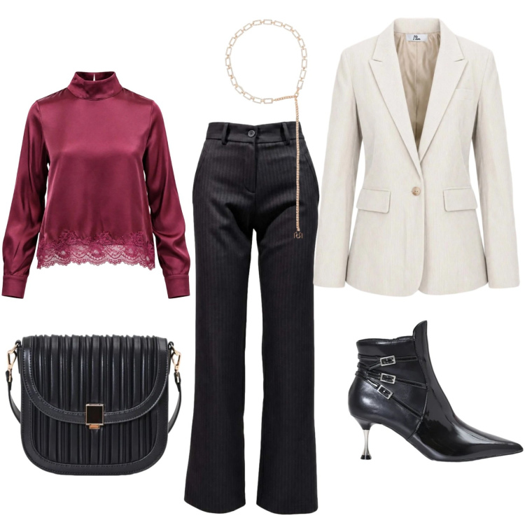 Outfit donna - Ciak...prima. Stile Chic per Serata fuori. Abbinamento con pantaloni, bluse, blazer, borse a tracolla, stivaletti, cinture.