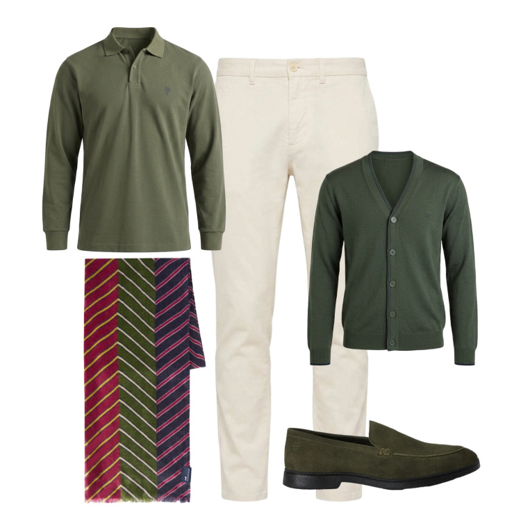 Outfit uomo - Outfit casual di stagione. Stile Casual per Tutti i giorni. Abbinamento con polo, pantaloni, sciarpe, cardigans, scarpe stringate.