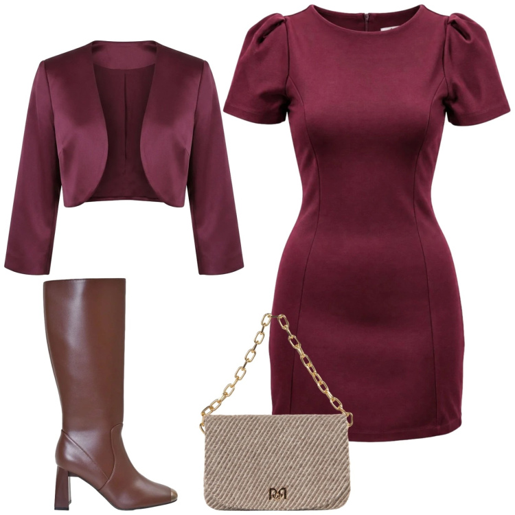 Outfit donna - Total look #2500185. Stile Chic per Serata fuori. Abbinamento con vestiti midi/longuette, bolero, stivali sopra il ginocchio, borse a spalla.