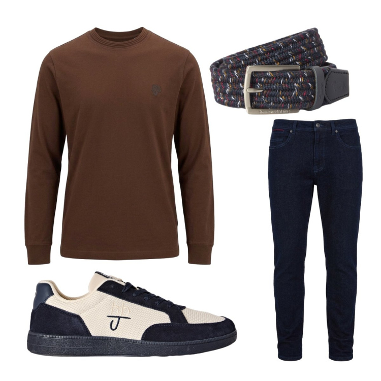 Outfit uomo - Sfumature di navy e cammello. Stile Urban per Ufficio. Abbinamento con cinture, jeans slim fit, t-shirt, sneakers.