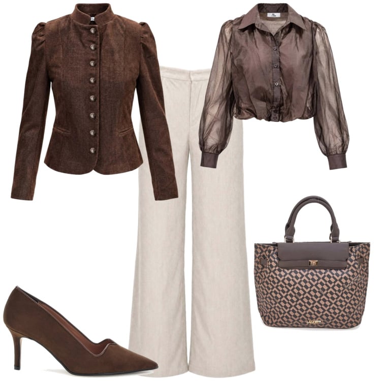 Outfit donna - Casual chic ufficio tempo libero. Stile Casual chic per Ufficio. Abbinamento con camicie, blazer, pantaloni a palazzo, borse a mano, décolleté.