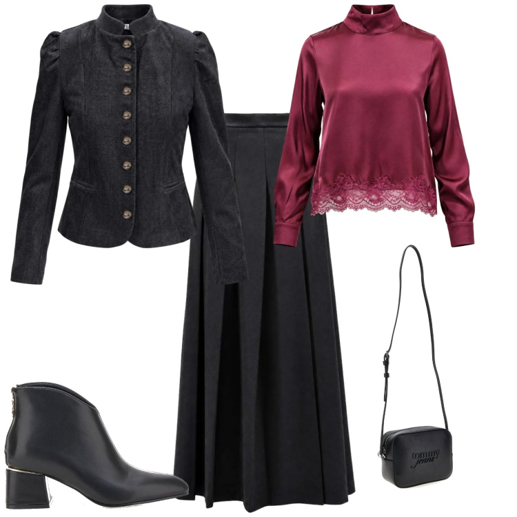 Outfit donna - Chic ufficio serata evento speciale. Stile Chic per Serata fuori. Abbinamento con gonne lunghe, blazer, bluse, stivaletti, borse a tracolla.