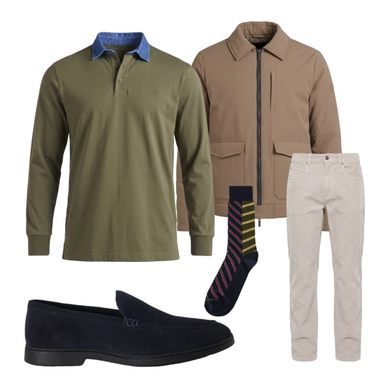 Outfit uomo - La polo al posto della camicia. Stile Casual per Ufficio. Abbinamento con calzini, scarpe stringate, pantaloni, giacche, polo.