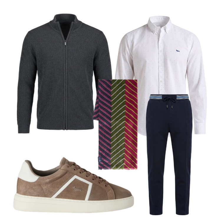 Outfit uomo - Minimalismo urbano. Stile Casual per Ufficio. Abbinamento con sneakers, pantaloni, sciarpe, pullovers, camicie.