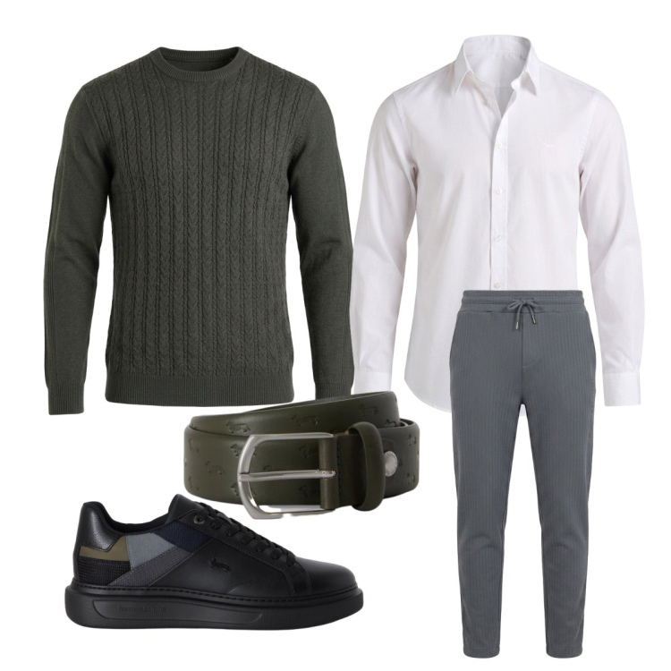 Outfit uomo - Ottobre. Stile Trendy per Ufficio. Abbinamento con sneakers, camicie, pantaloni, cinture, maglieria.