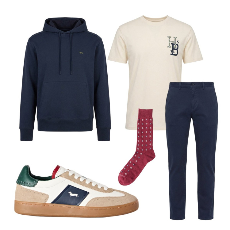 Outfit uomo - Total Harmont&Blaine. Stile Casual per Sport. Abbinamento con pantaloni, t-shirt, sneakers, felpe con cappuccio, calzini.