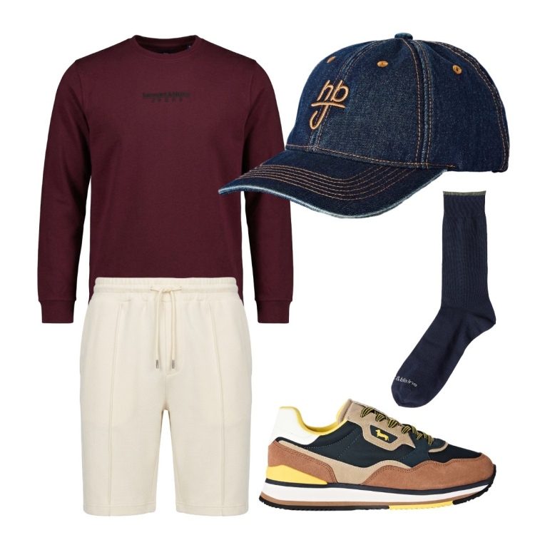 Outfit uomo - Ottobre. Stile Casual per Sport. Abbinamento con calzini, shorts, cappelli con visiera, t-shirt, sneakers.