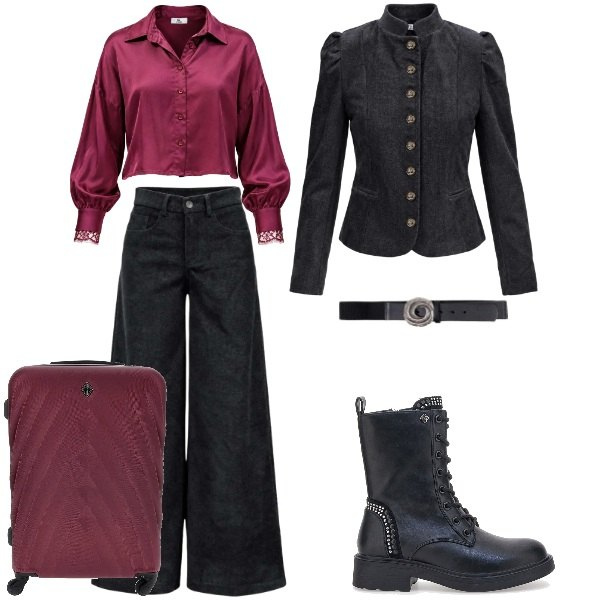 Outfit donna - Total look #2500201. Stile Glamour per Tutti i giorni. Abbinamento con blazer, cinture, camicie, pantaloni a palazzo, anfibi, valigie.
