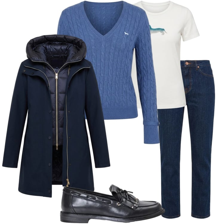 Outfit donna - Casual ad ottobre. Stile Casual per Tutti i giorni. Abbinamento con cappotti, jeans, maglieria, t-shirt, mocassini.