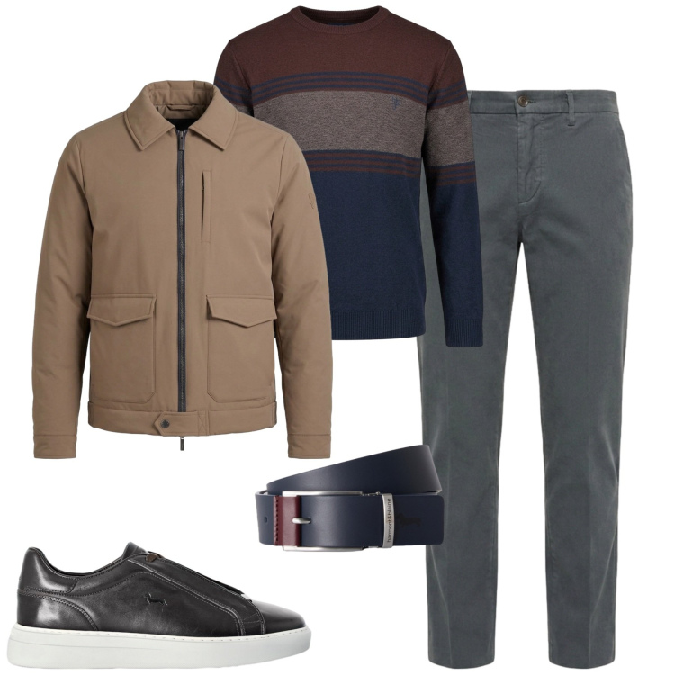 Outfit uomo - City. Stile Urban per Tutti i giorni. Abbinamento con pantaloni, cinture, giacche, maglieria, sneakers.