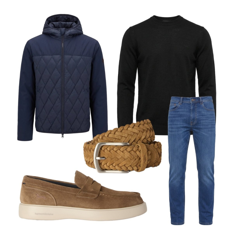 Outfit uomo - Giubbotto Harmont&Blain in saldo. Stile Casual per Ufficio. Abbinamento con cinture, scarpe stringate, jeans, maglieria, giacche.