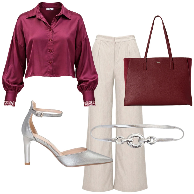 Outfit donna - Red passion. Stile Chic Abbinamento con camicie, pantaloni a palazzo, shopping bag, décolleté, cinture.