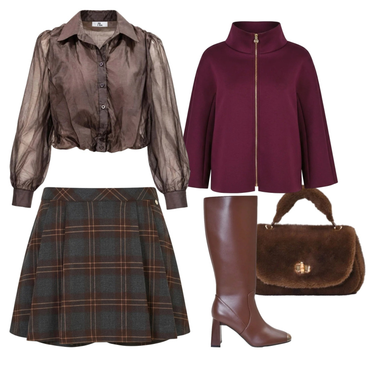 Outfit donna - Scozzese. Stile Glamour Abbinamento con camicie, borse a mano, stivali sopra il ginocchio, minigonne, cappotti.