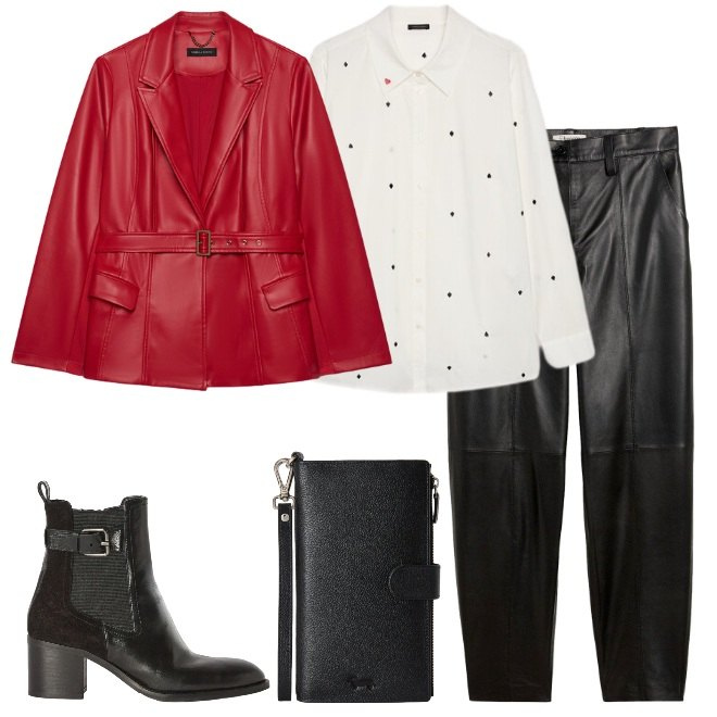 Outfit donna - Blazer in ecopelle. Stile Urban per Tutti i giorni. Abbinamento con portafogli, stivaletti, camicie, blazer, pantaloni.