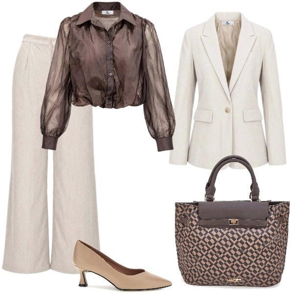 Outfit donna - Total look #2500212. Stile Chic per Ufficio. Abbinamento con camicie, blazer, pantaloni a palazzo, borse a mano, décolleté.