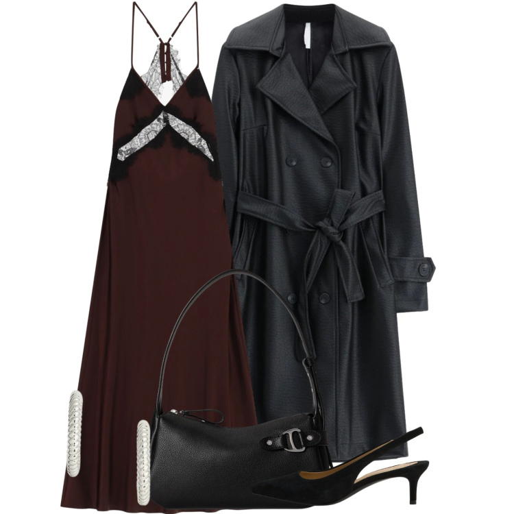 Outfit donna - Eleganza sensuale. Stile Sexy per Serata fuori. Abbinamento con vestiti lunghi, trench, orecchini, décolleté, borse a spalla.