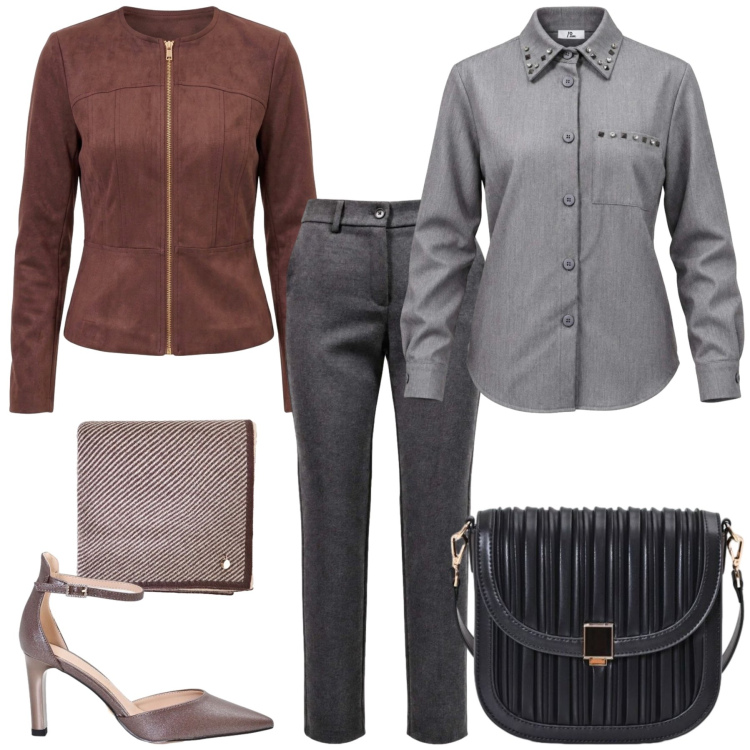 Outfit donna - Total look #2500216. Stile Casual chic per Tutti i giorni. Abbinamento con pantaloni, camicie, borse a tracolla, décolleté, sciarpe, blazer.