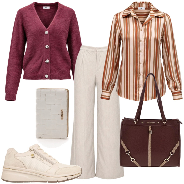 Outfit donna - Racconta il tuo Autunno. Stile Casual chic per Tutti i giorni. Abbinamento con camicie, pantaloni a palazzo, cardigans, portafogli, sneakers, borse a spalla.