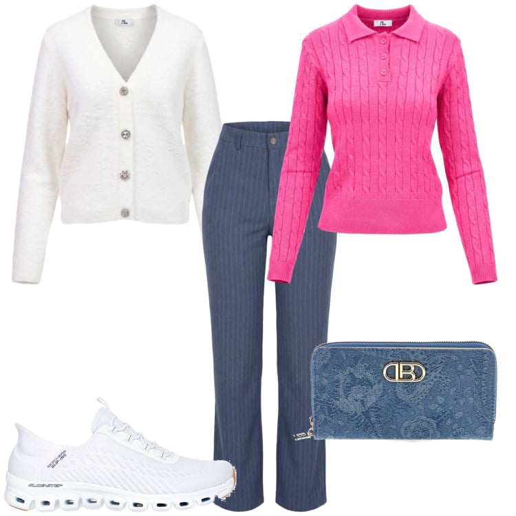 Outfit donna - Racconta il tuo Autunno. Stile Casual chic per Tutti i giorni. Abbinamento con jeans dritti, cardigans, polo, portafogli, sneakers.