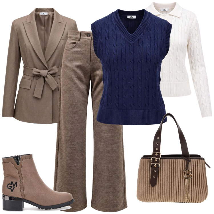Outfit donna - Racconta il tuo Autunno. Stile Casual chic per Tutti i giorni. Abbinamento con pantaloni, blazer, polo, maglieria, borse a mano, stivaletti.