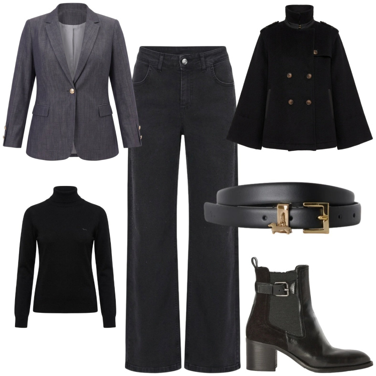 Outfit donna - Eleganza in nero. Stile Chic per Tutti i giorni. Abbinamento con cinture, pullovers, stivaletti, cappotti, blazer, jeans.