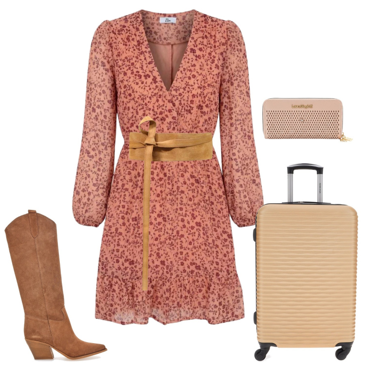 Outfit donna - Racconta il tuo Autunno. Stile Casual chic per Tutti i giorni. Abbinamento con cinture, vestiti corti, valigie, stivali, portafogli.