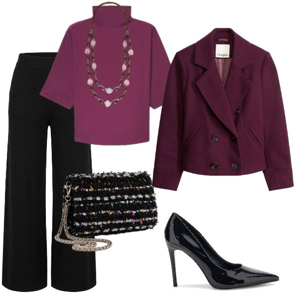 Outfit donna - Total look #2500225. Stile Bon Ton per Serata fuori. Abbinamento con collane, pantaloni a palazzo, clutch, bluse, décolleté, blazer.
