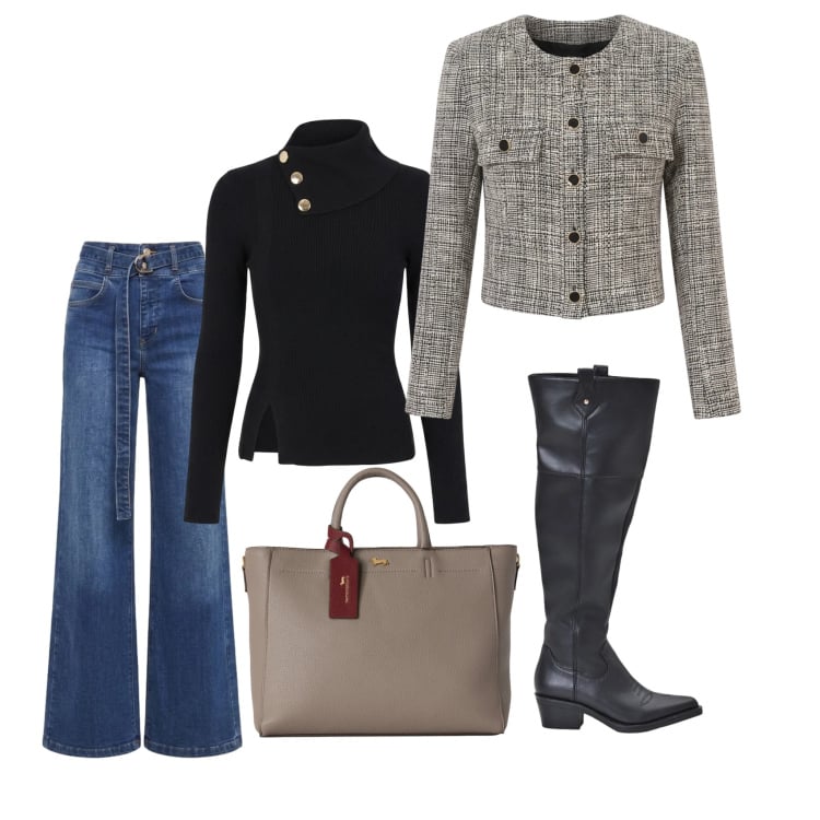 Outfit donna - Essential '90s Vibe. Abbinamento con borse a mano, jeans, stivali, blazer, maglieria.