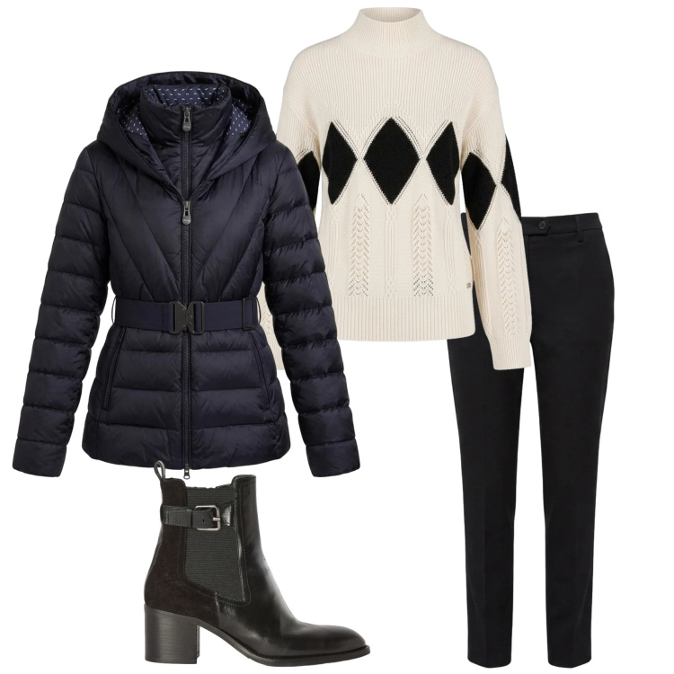 Outfit donna - Urban style. Stile Urban per Ufficio. Abbinamento con piumini, stivaletti, pullovers, pantaloni.