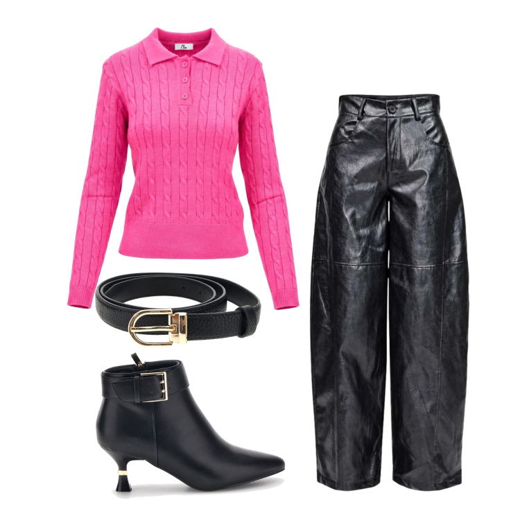 Outfit donna - Ottobre. Stile Casual chic per Ufficio. Abbinamento con polo, pantaloni a palazzo, cinture, stivaletti.