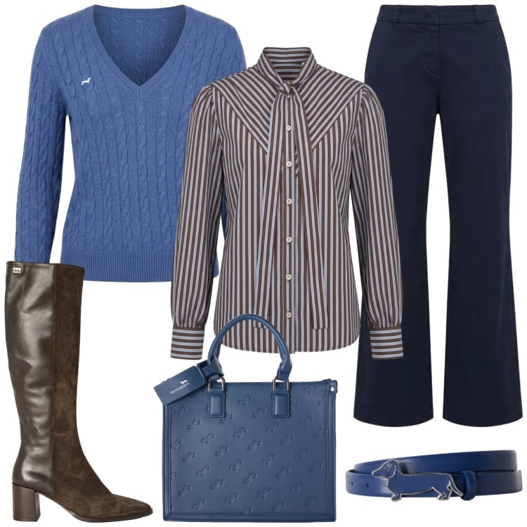 Outfit donna - H & B. Stile Casual chic per Scuola/Università. Abbinamento con stivali, pantaloni, camicie, borse a mano, maglieria, cinture.