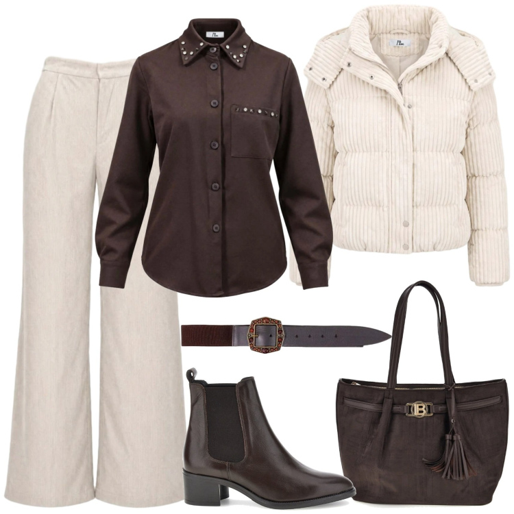 Outfit donna - BANTOA15 e lo sconto I AM è garantito!. Stile Casual chic per Tutti i giorni. Abbinamento con cinture, camicie, pantaloni a palazzo, piumini, stivaletti chelsea, shopping bag.