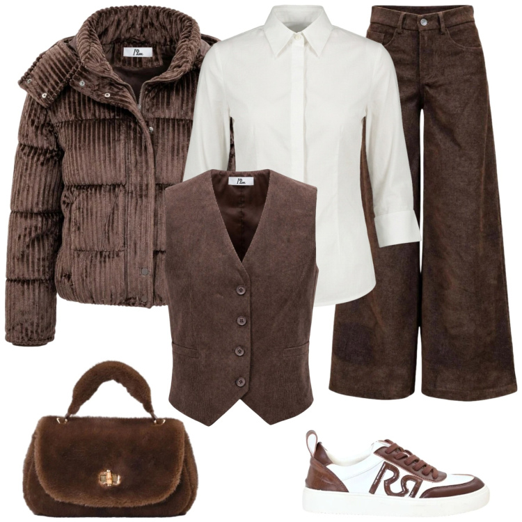 Outfit donna - Brownish. Stile Sporty chic per Tutti i giorni. Abbinamento con pantaloni a palazzo, gilet, piumini, borse a mano, sneakers, camicie.