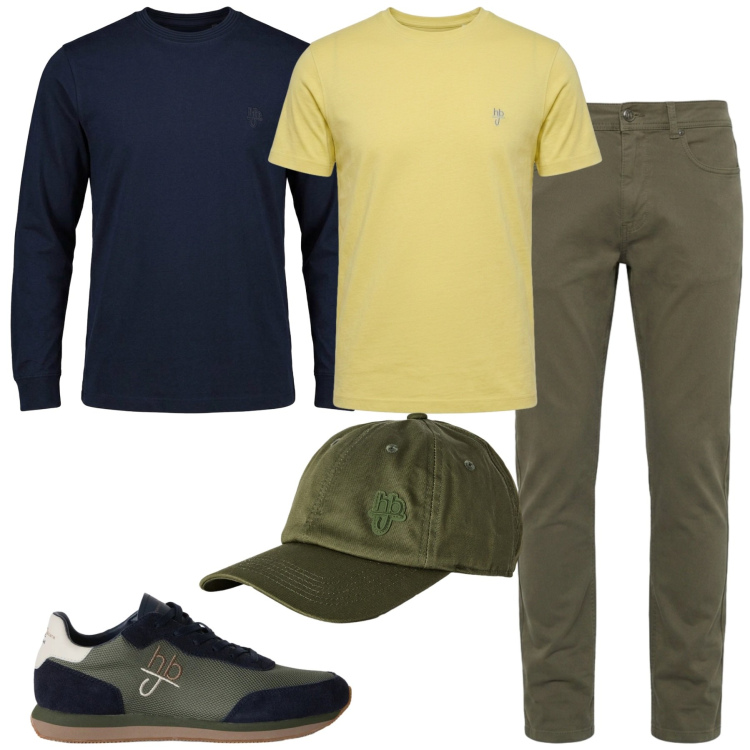 Outfit uomo - Simple 2. Stile Casual per Tutti i giorni. Abbinamento con pantaloni, t-shirt, t-shirt, cappelli con visiera, sneakers.