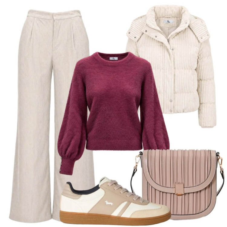 Outfit donna - Total look #2500248. Stile Trendy per Tutti i giorni. Abbinamento con pantaloni a palazzo, maglieria, piumini, sneakers, borse a tracolla.