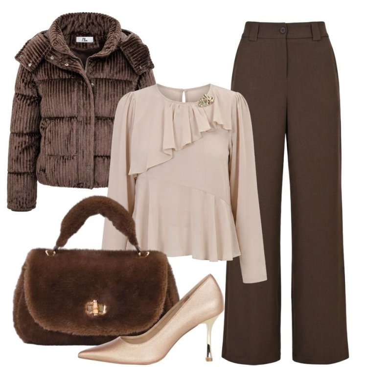 Outfit donna - Chic con il piumino in velluto. Stile Sporty chic per Tutti i giorni. Abbinamento con piumini, borse a mano, décolleté, bluse, pantaloni.