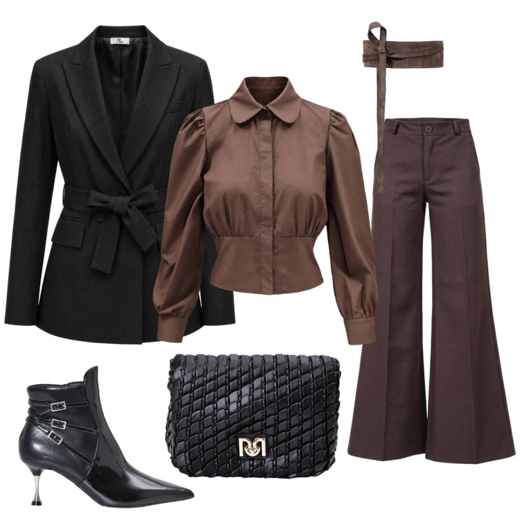 Outfit donna - Camicia retrò. Stile Chic per Tutti i giorni. Abbinamento con pantaloni, cinture, camicie, blazer, borse a tracolla, stivaletti.