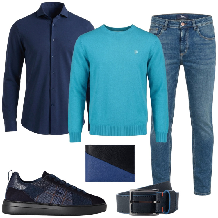 Outfit uomo - In blue. Stile Casual per Tutti i giorni. Abbinamento con sneakers, camicie, portafogli, jeans slim fit, maglieria, cinture.