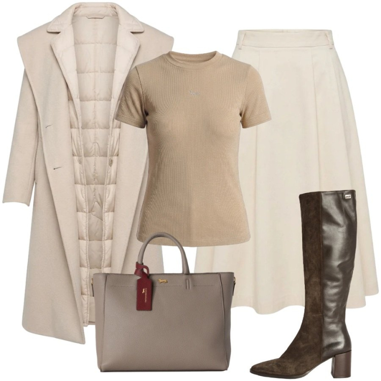 Outfit donna - Total look #2500258. Stile Trendy per Tutti i giorni. Abbinamento con cappotti, t-shirt, borse a mano, stivali, gonne longuette.