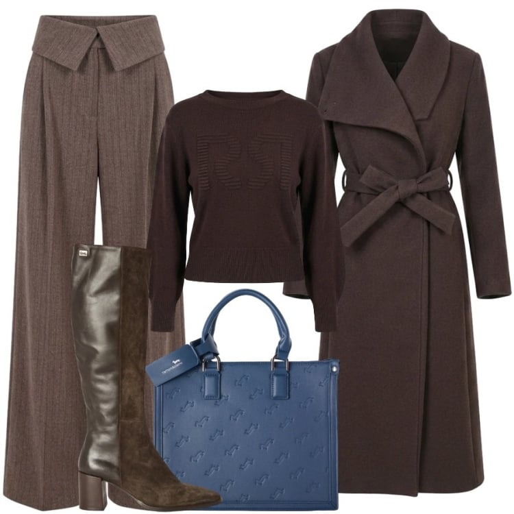 Outfit donna - Total look #2500260. Stile Sporty chic per Tutti i giorni. Abbinamento con borse a mano, stivali, cappotti, maglieria, pantaloni a palazzo.